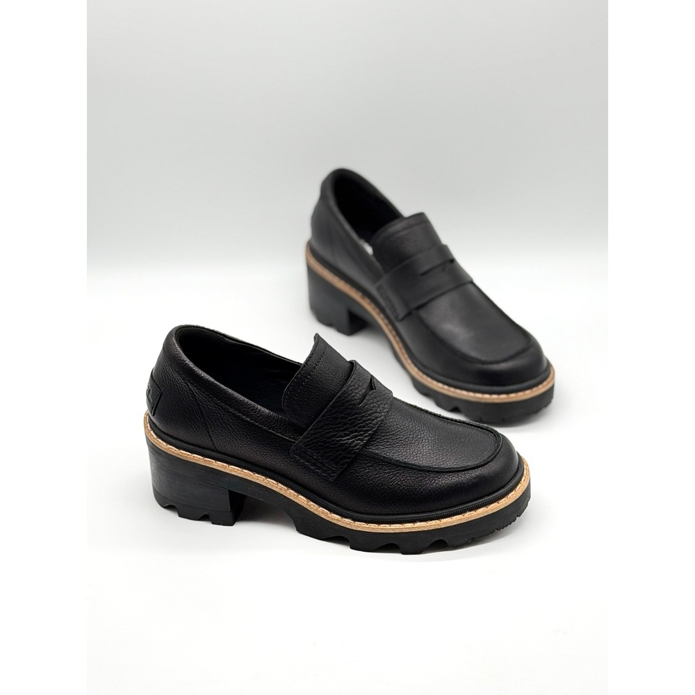 SOREL Joan New City Loafer Women 8.5 Black Leather Lug Sole Chunky Retro Y2k